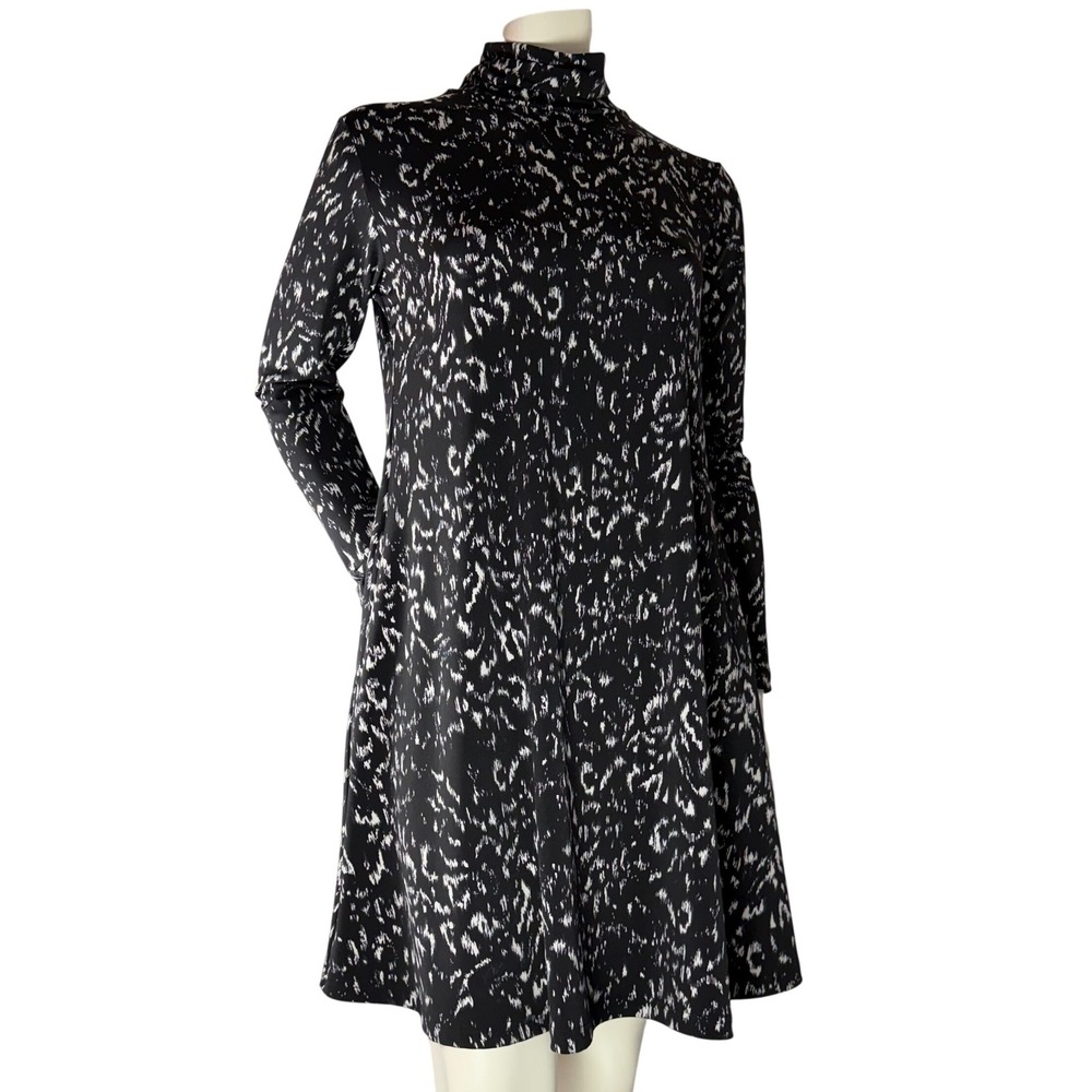 Sympli Abstract Print Dress‎ Mock Neck Swing Midi Luxe Comfort Canadian Sz 8